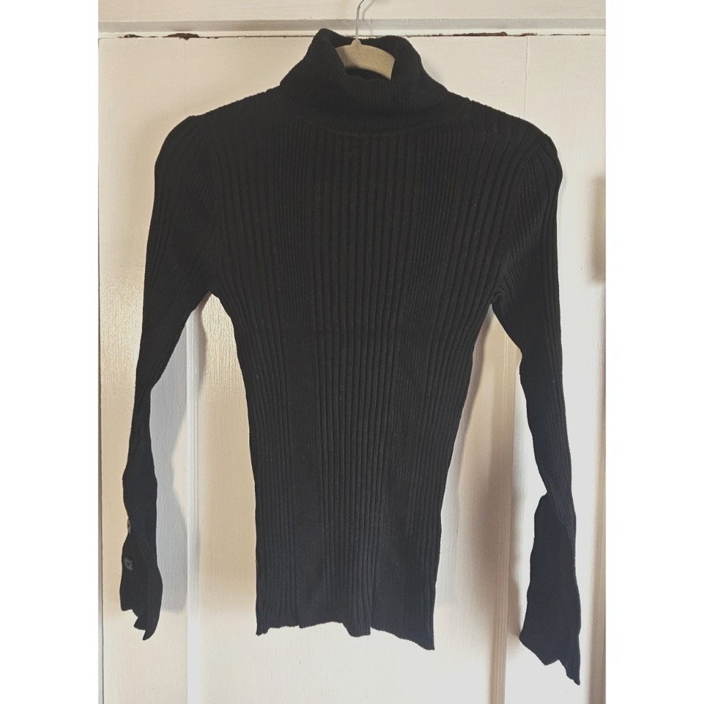 ANTHROPPOLOGIE Women's S black ribbed knit turtleneck pullover buttoned cuffs